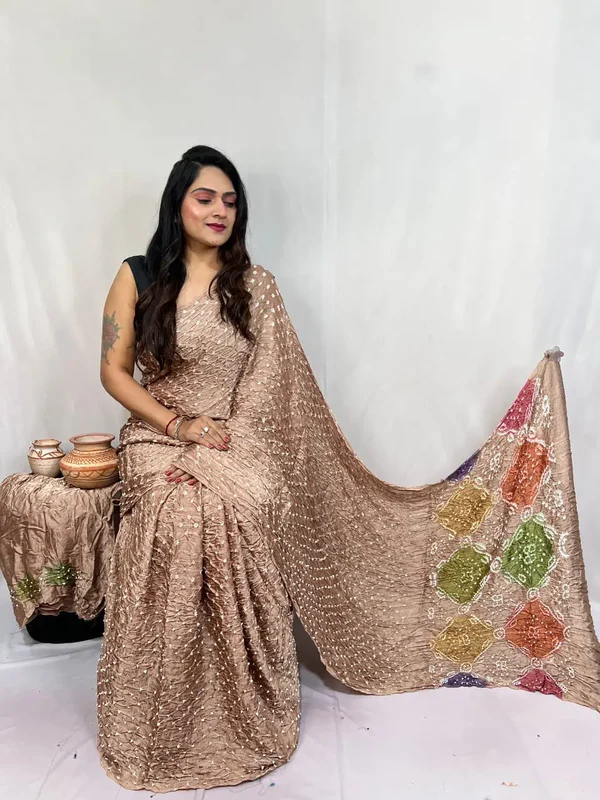 Pure Modal Silk Barik Bandhej Lagdi Pallu Bandhani Saree